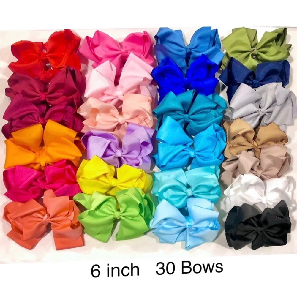 30 Rainbow Color Hair Bows - 6 inch Grosgrain Bows with Alligator Clips